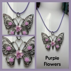 Silver Butterfly Necklace with Purple Accents